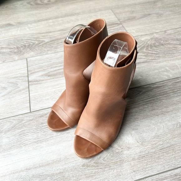 VINCE Addie Open Toe Buckle Back Strap Brown  Leather Bootie Wooden block Heel - Picture 2 of 16